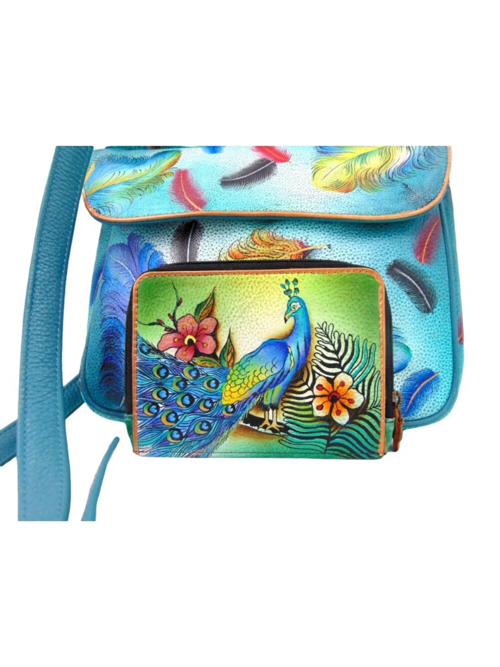 Anuschka Leather Crossbody Purse Wallet Teal Blue Feather Peacock Hand Painted - Picture 3 of 16